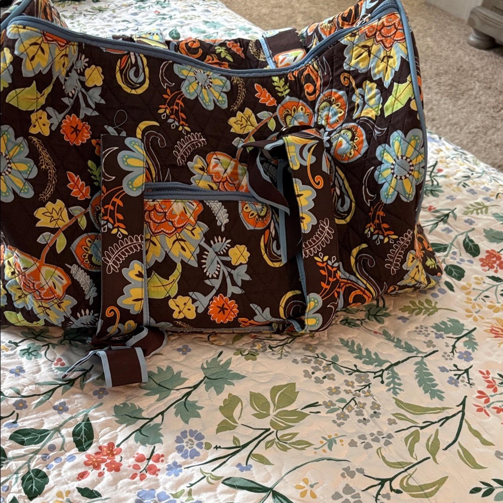 Quilted Floral Travel Weekender Bag in Brown and Orange